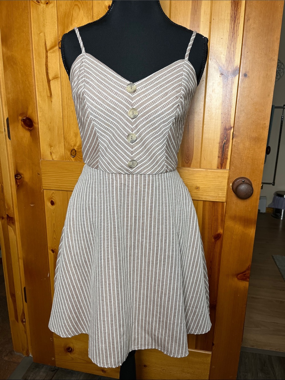 Striped Taupe & White Spaghetti Strap Mini Dress